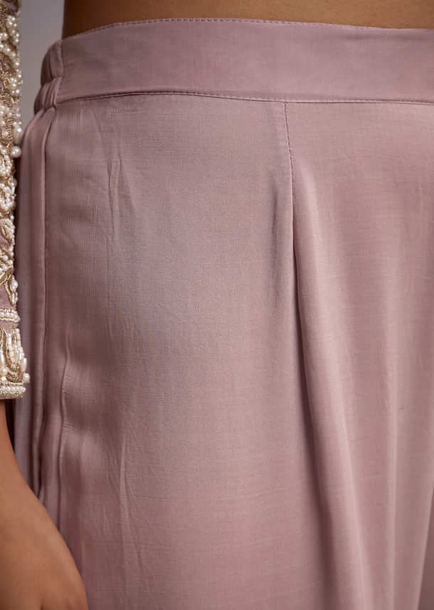 Baby Pink Organza Palazzo Suit With Zari And Moti Work Baby Pink Organza Palazzo Suit With Zari And Moti Work