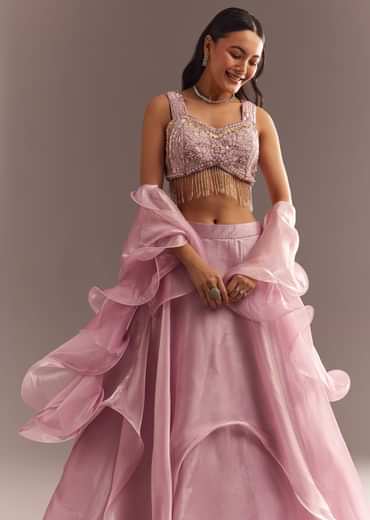 Baby Pink Organza Ruffled Lehenga Choli With Sequins
