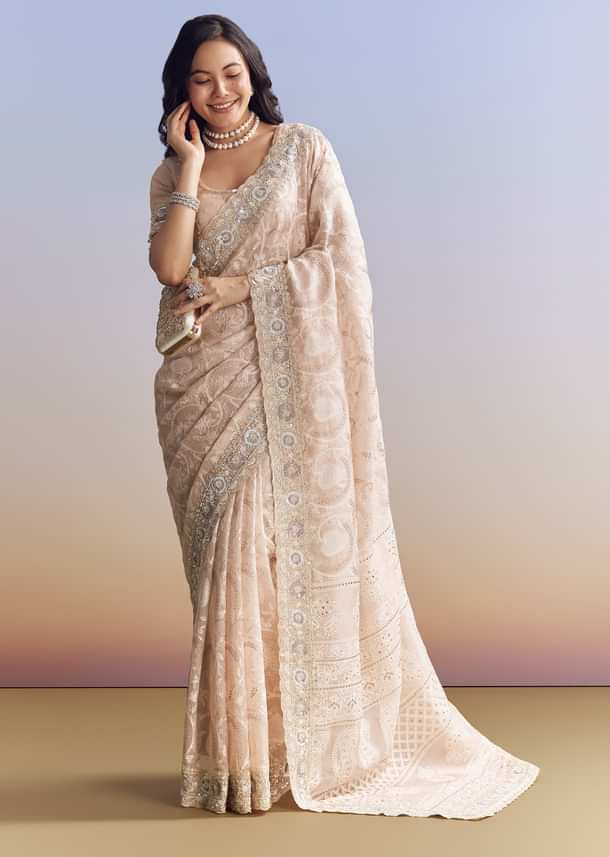 Baby Pink Organza Saree With Chikankari Threadwork And Beaded Embroidery