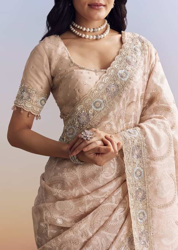 Baby Pink Organza Saree With Chikankari Threadwork And Beaded Embroidery