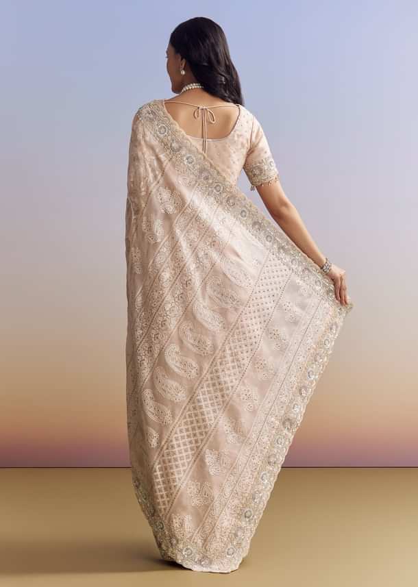 Baby Pink Organza Saree With Chikankari Threadwork And Beaded Embroidery
