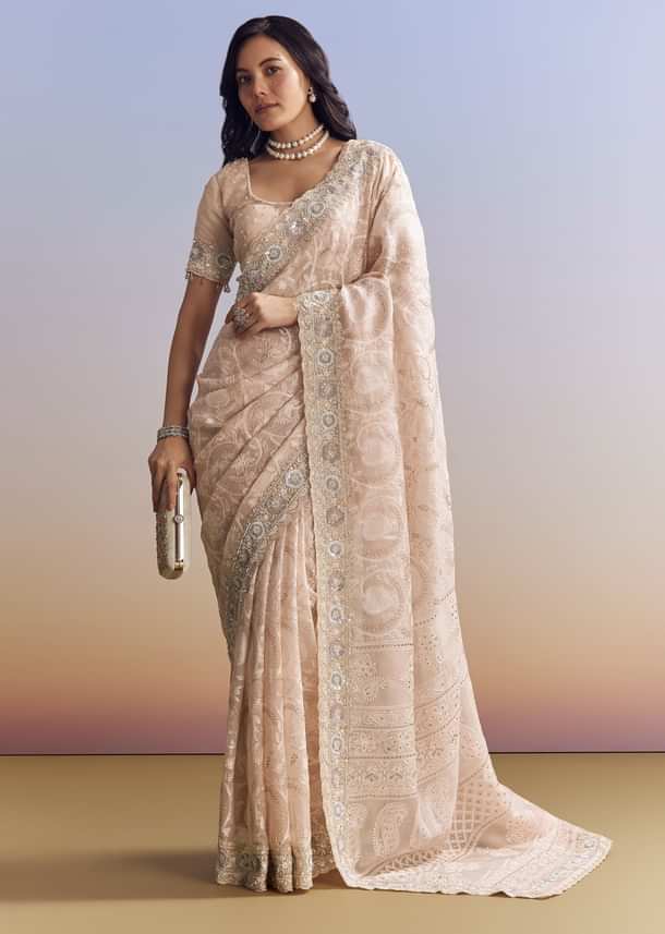 Baby Pink Organza Saree With Chikankari Threadwork And Beaded Embroidery