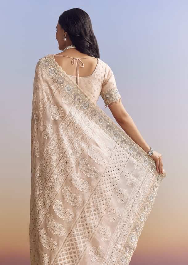 Baby Pink Organza Saree With Chikankari Threadwork And Beaded Embroidery