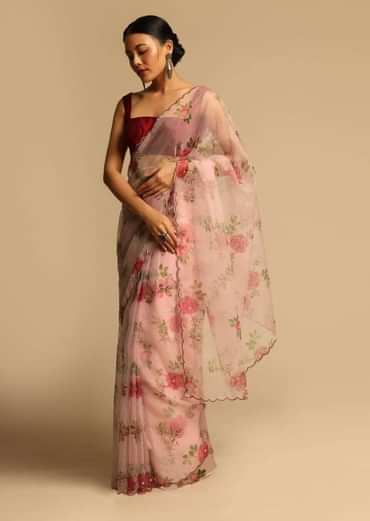 Baby Pink Saree In Organza With Floral Print All Over And Scalloped Resham Border Along With Unstitched Blouse