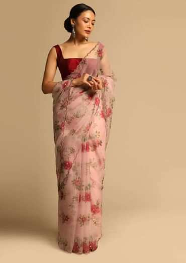 Baby Pink Saree In Organza With Floral Print All Over And Scalloped Resham Border Along With Unstitched Blouse