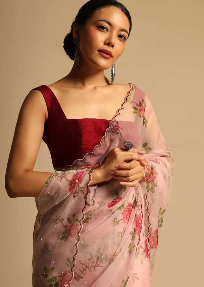 Baby Pink Saree In Organza With Floral Print All Over And Scalloped Resham Border Along With Unstitched Blouse
