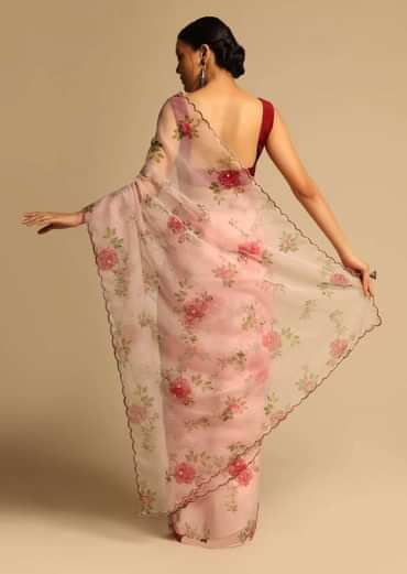 Baby Pink Saree In Organza With Floral Print All Over And Scalloped Resham Border Along With Unstitched Blouse