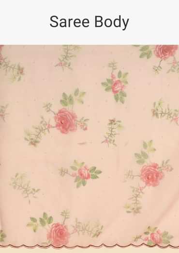 Baby Pink Saree In Organza With Floral Print All Over And Scalloped Resham Border Along With Unstitched Blouse