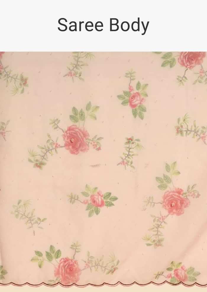 Baby Pink Saree In Organza With Floral Print All Over And Scalloped Resham Border Along With Unstitched Blouse