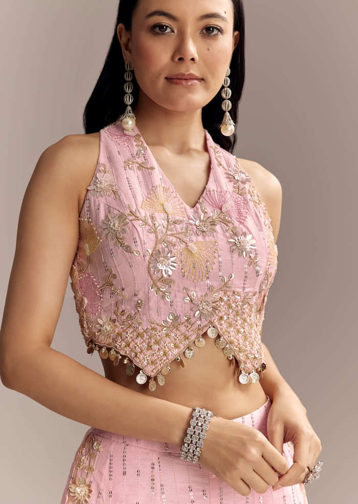 Baby Pink Silk Crop Top And Palazzo Set With Intricate Embroidery