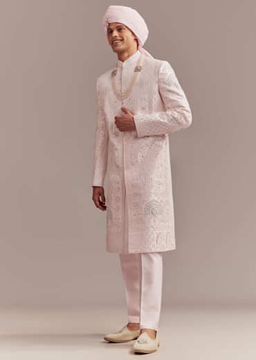 Baby Pink Silk Sherwani For Groom With Floral And Geometric Embroidery