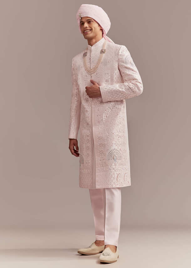 Baby Pink Silk Sherwani For Groom With Floral And Geometric Embroidery