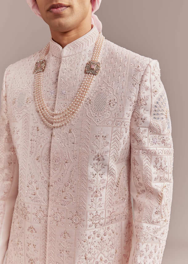 Baby Pink Silk Sherwani For Groom With Floral And Geometric Embroidery