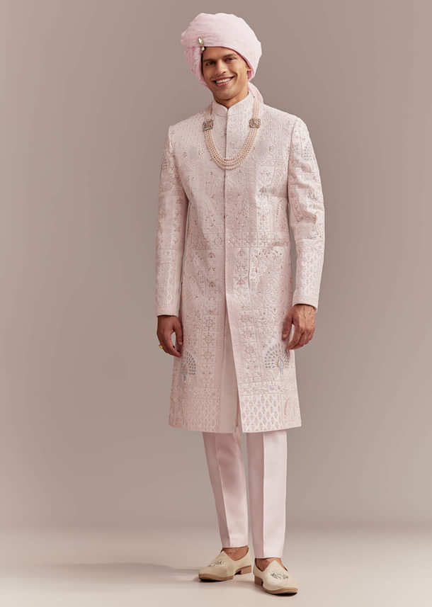 Baby Pink Silk Sherwani For Groom With Floral And Geometric Embroidery
