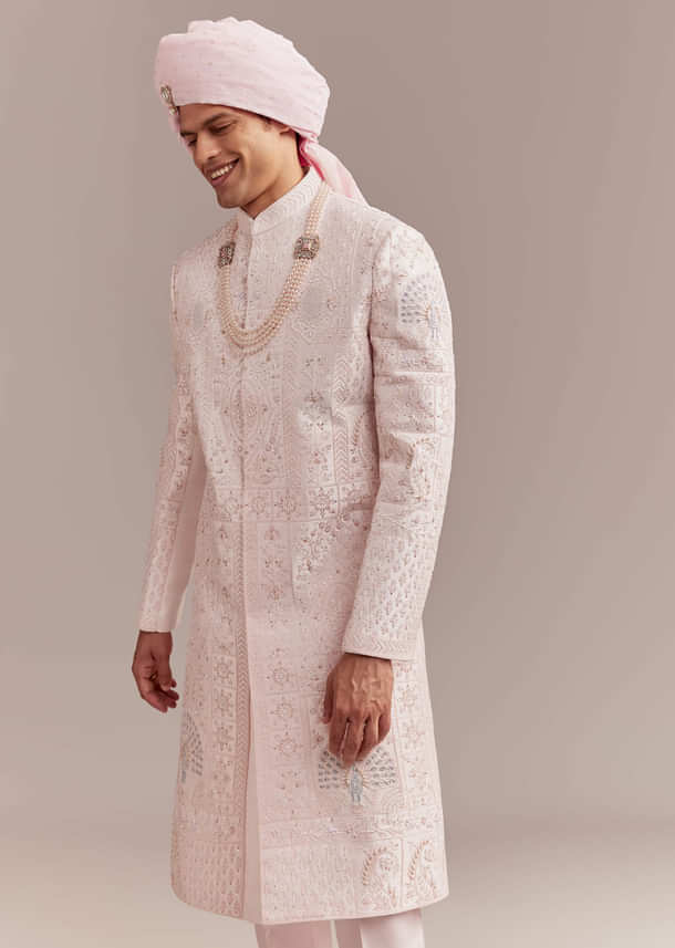 Baby Pink Silk Sherwani For Groom With Floral And Geometric Embroidery