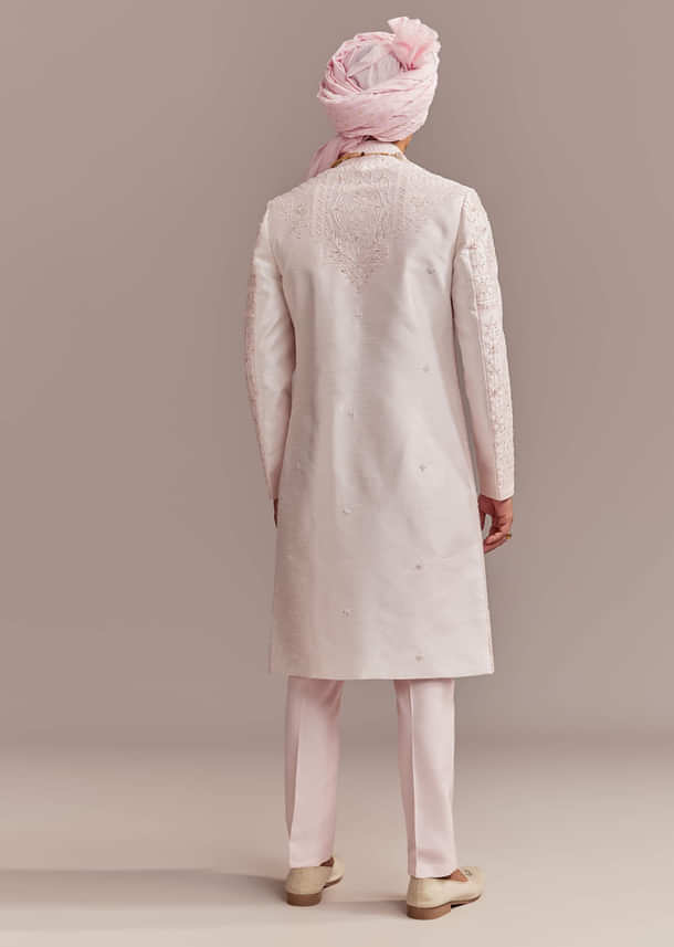 Baby Pink Silk Sherwani For Groom With Floral And Geometric Embroidery