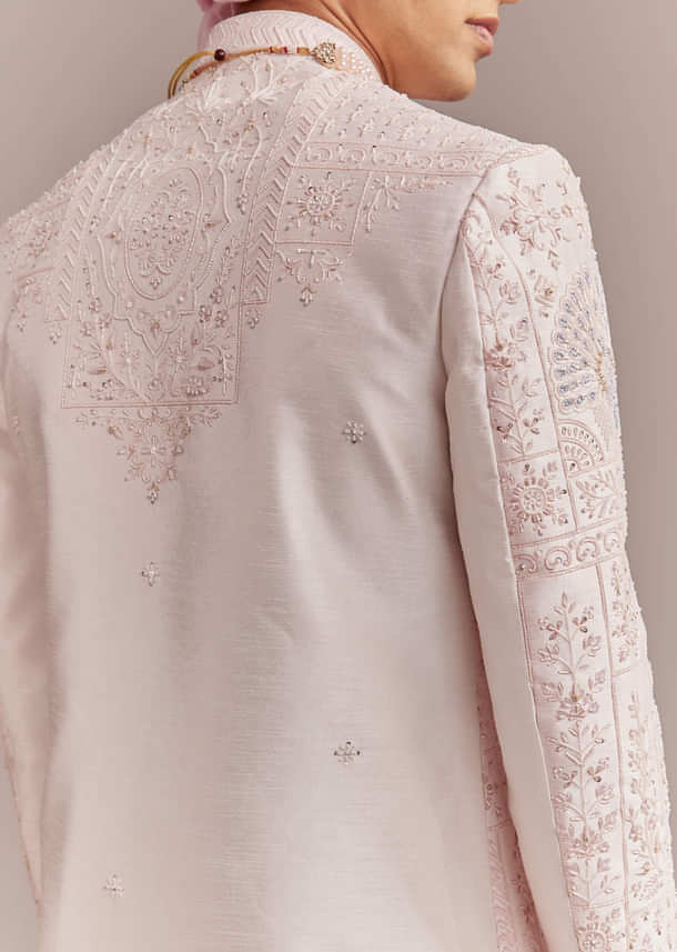 Baby Pink Silk Sherwani For Groom With Floral And Geometric Embroidery
