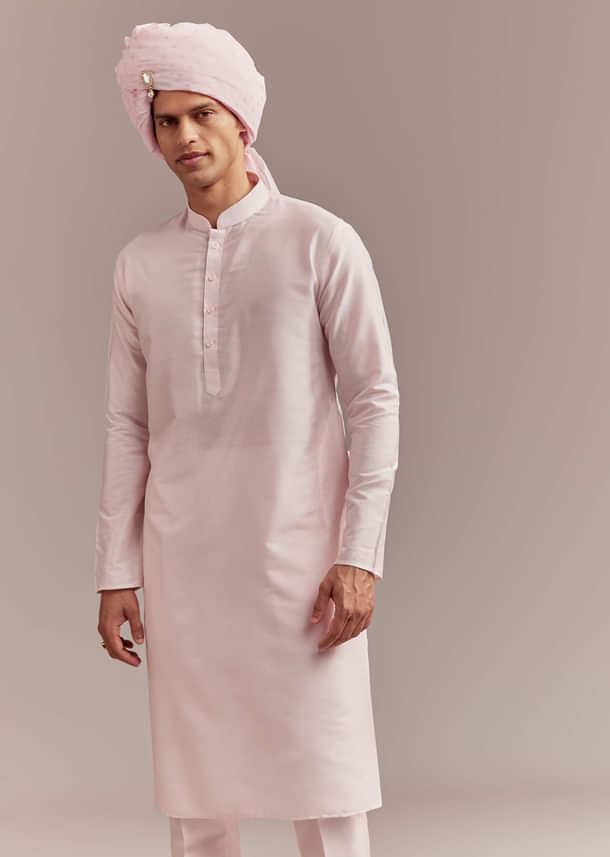 Baby Pink Silk Sherwani For Groom With Floral And Geometric Embroidery