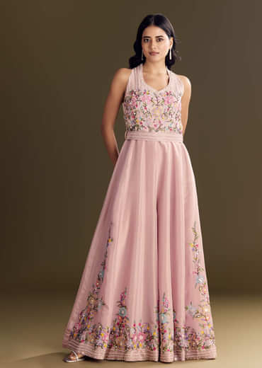 Baby Pink Tissue Halter Neck Jumpsuit With Moti Cutdana Belt