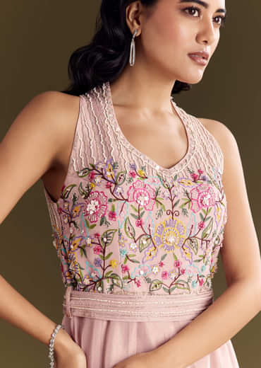 Baby Pink Tissue Halter Neck Jumpsuit With Moti Cutdana Belt