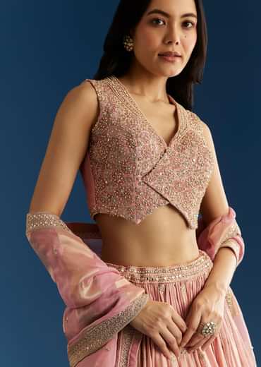 Baby Pink Tissue Lehenga Set With Mirror Sequins Choli