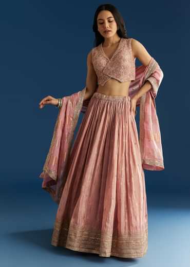 Baby Pink Tissue Lehenga Set With Mirror Sequins Choli