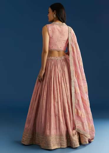 Baby Pink Tissue Lehenga Set With Mirror Sequins Choli