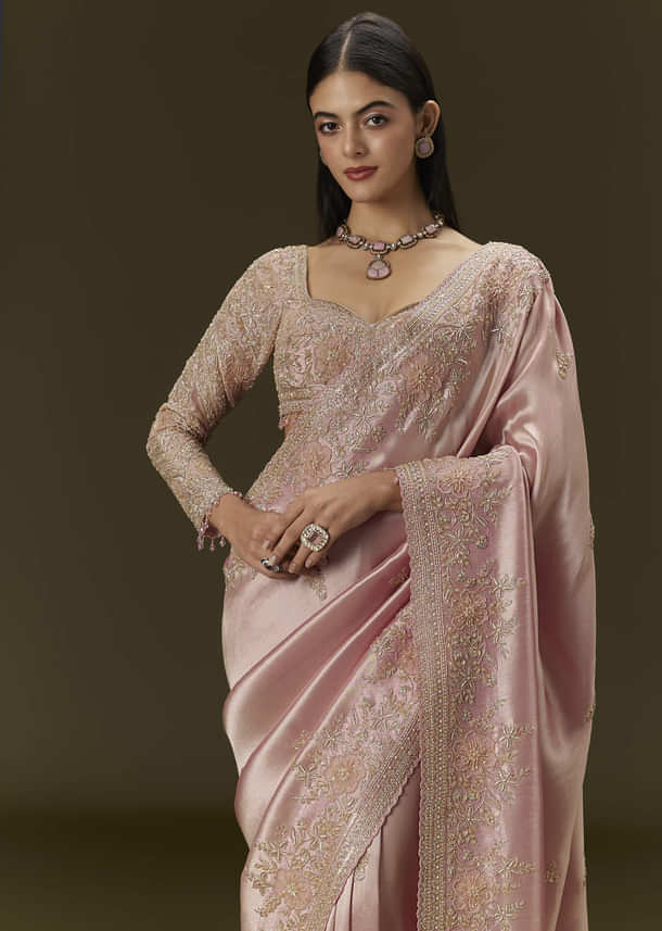 Baby Pink Tissue Saree With Velvet Embroidered Blouse