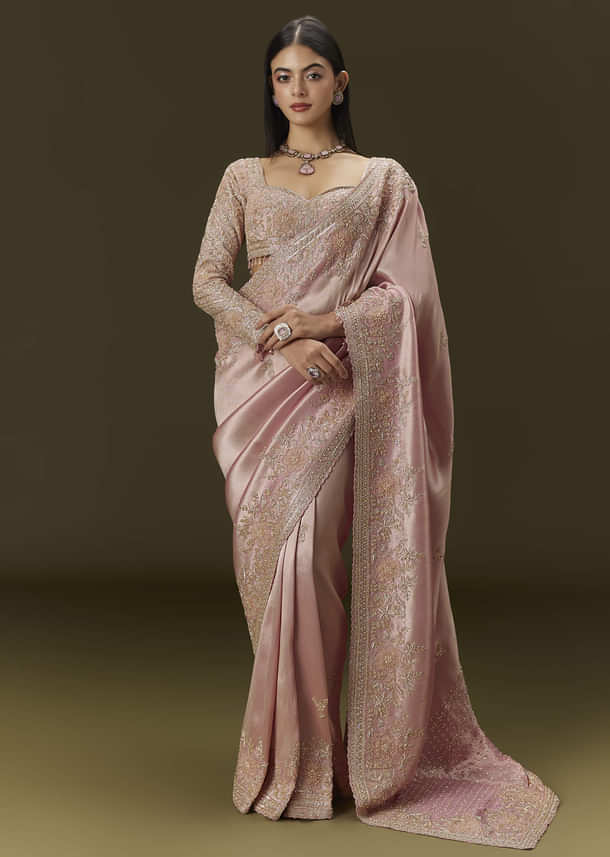 Baby Pink Tissue Saree With Velvet Embroidered Blouse
