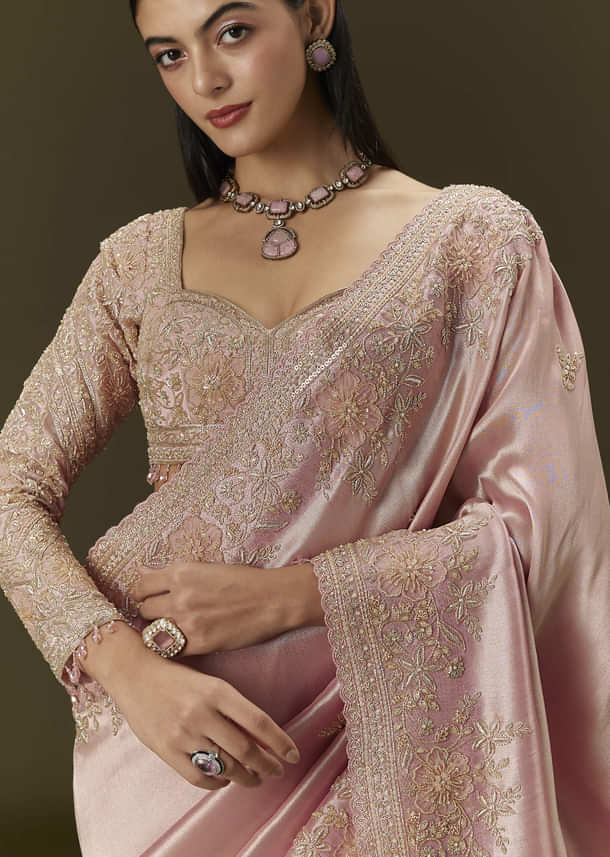 Baby Pink Tissue Saree With Velvet Embroidered Blouse