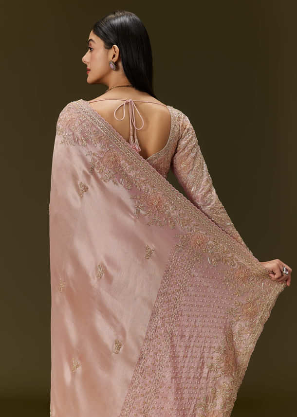 Baby Pink Tissue Saree With Velvet Embroidered Blouse