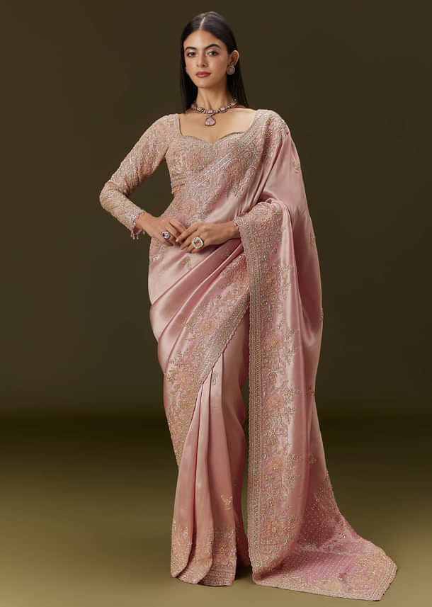 Baby Pink Tissue Saree With Velvet Embroidered Blouse