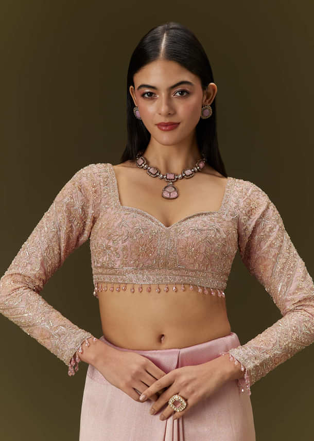 Baby Pink Tissue Saree With Velvet Embroidered Blouse