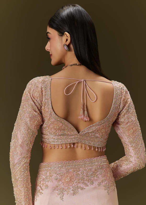 Baby Pink Tissue Saree With Velvet Embroidered Blouse