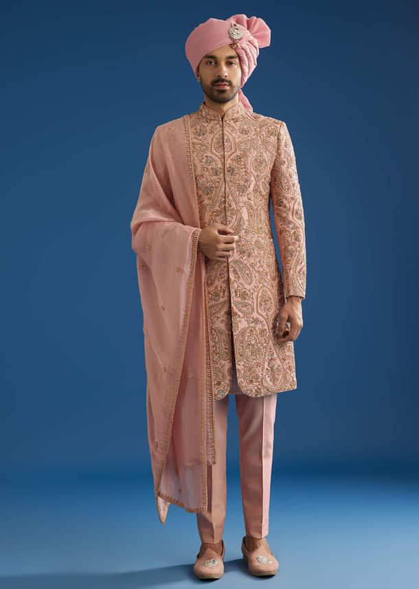 Baby Pink Tussar Sherwani Set With Cutdana Embroidery And Organza Dupatta