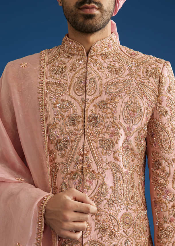 Baby Pink Tussar Sherwani Set With Cutdana Embroidery And Organza Dupatta