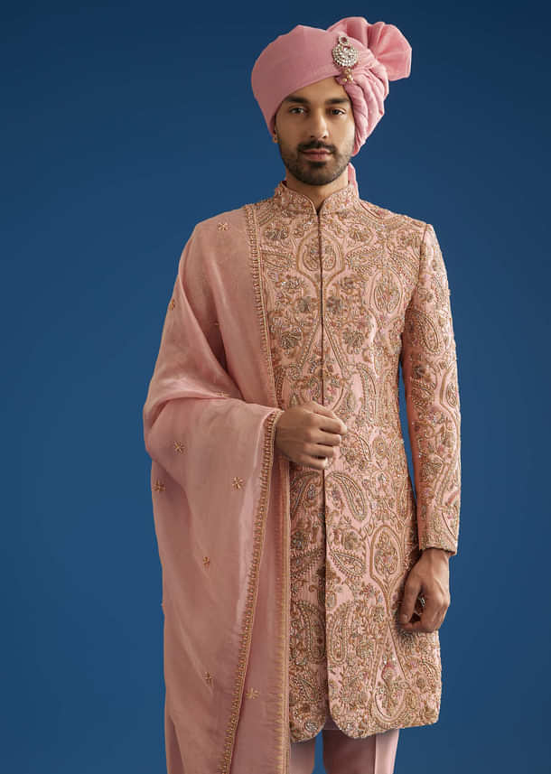 Baby Pink Tussar Sherwani Set With Cutdana Embroidery And Organza Dupatta