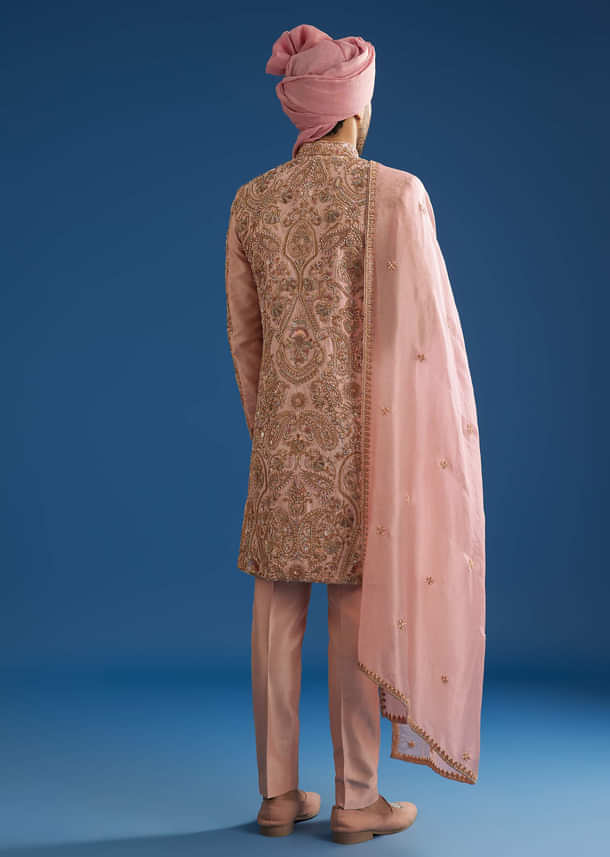 Baby Pink Tussar Sherwani Set With Cutdana Embroidery And Organza Dupatta
