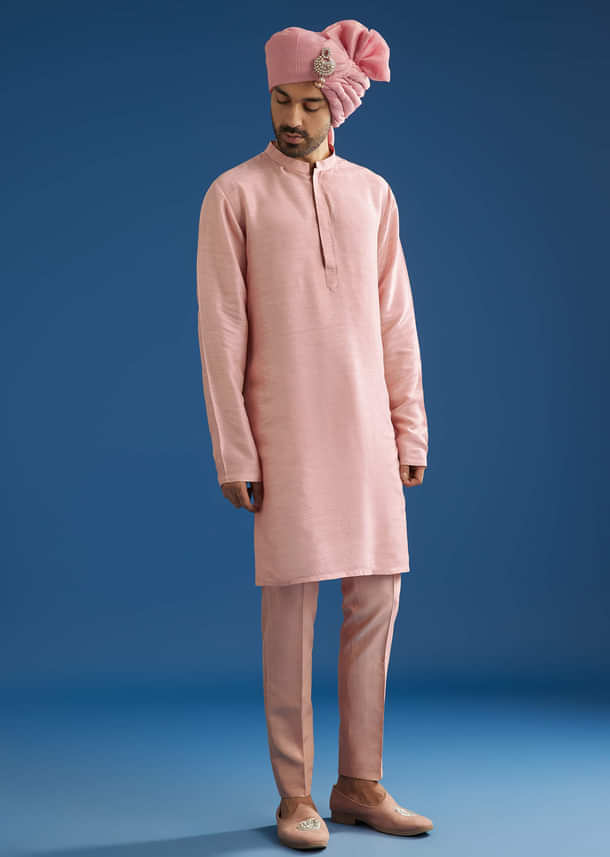 Baby Pink Tussar Sherwani Set With Cutdana Embroidery And Organza Dupatta