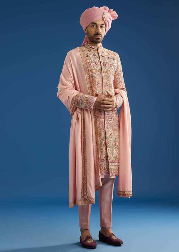 Baby Pink Tussar Sherwani With Cutdana And Tikki Stone Work