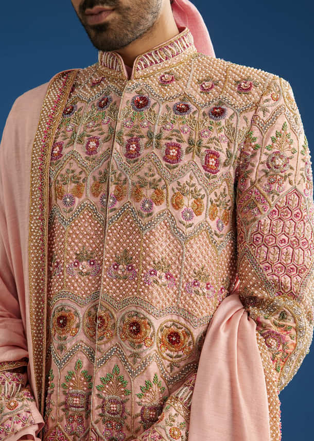 Baby Pink Tussar Sherwani With Cutdana And Tikki Stone Work