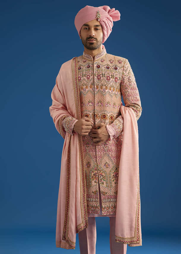 Baby Pink Tussar Sherwani With Cutdana And Tikki Stone Work