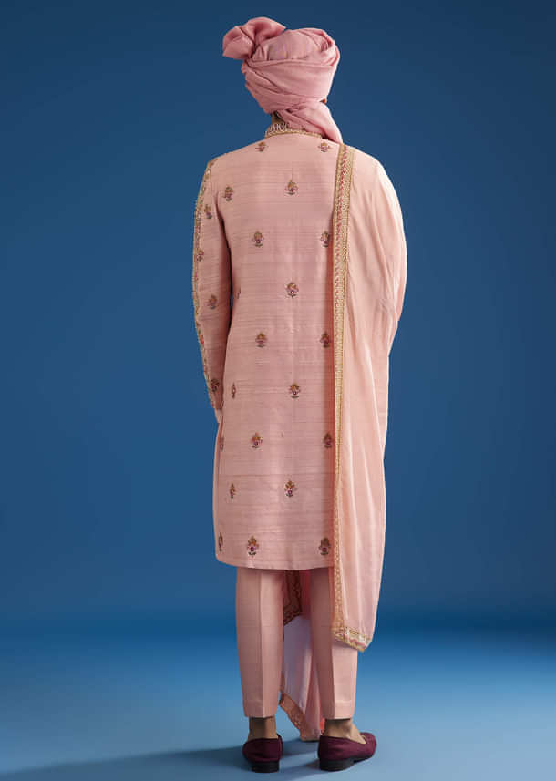 Baby Pink Tussar Sherwani With Cutdana And Tikki Stone Work