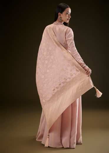 Baby Pink V Neck Anarkali With Printed Dupatta