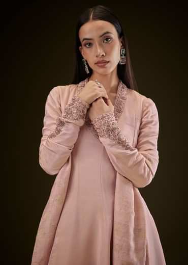 Baby Pink V Neck Anarkali With Printed Dupatta