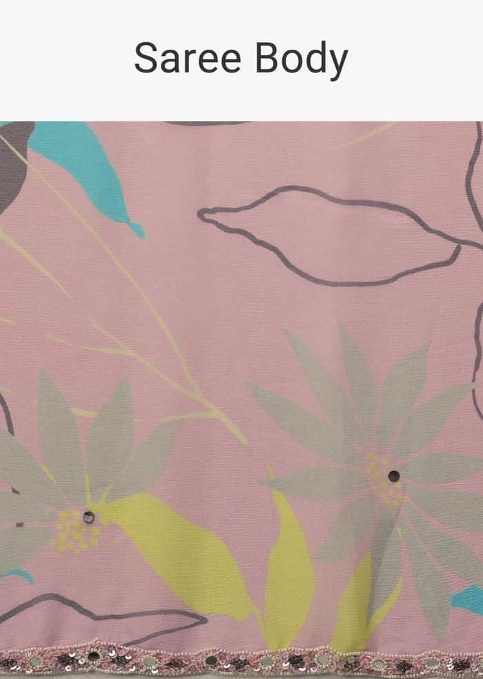 Baby Pink Embroidered Muslin Saree With Floral Print And Scallop Borders