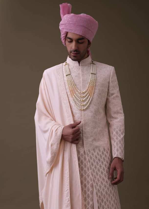 Baby Pink Sherwani Set In Raw Silk With Thread Work And Moti Embroidery