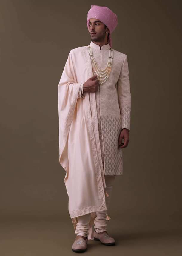 Baby Pink Sherwani Set In Raw Silk With Thread Work And Moti Embroidery