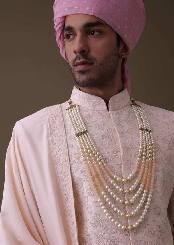 Baby Pink Sherwani Set In Raw Silk With Thread Work And Moti Embroidery