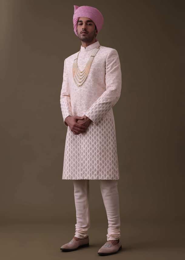 Baby Pink Sherwani Set In Raw Silk With Thread Work And Moti Embroidery